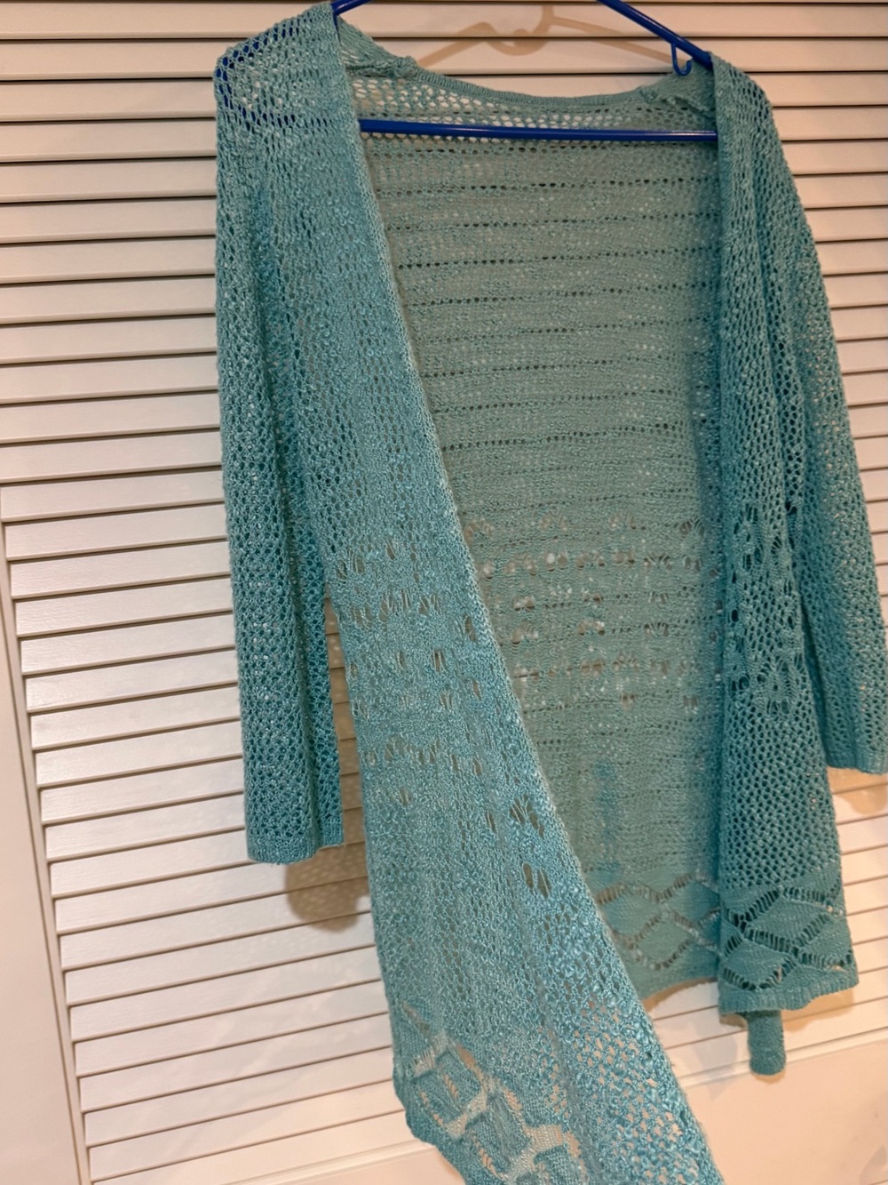 Seafoam Aqua Open Knit Cardigan Waterfall Drape Lace Lightweight Sweater NWOT - Picture 4 of 7